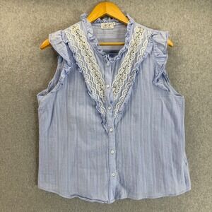 Anna Kay Ruffle Blouse Sleeveless Button Down Top Lace Trim‎ Prep Sky Blue Large
